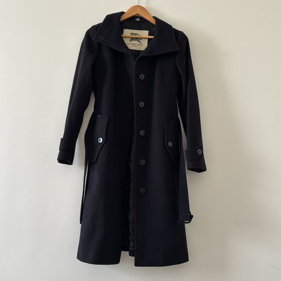Burberry London Cashmere Virgin Wool Belt Long Winter Pea Coat Black Size 2 - Picture 3 of 11